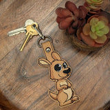 Close‑up of embroidered kangaroo keychain with big eyes
