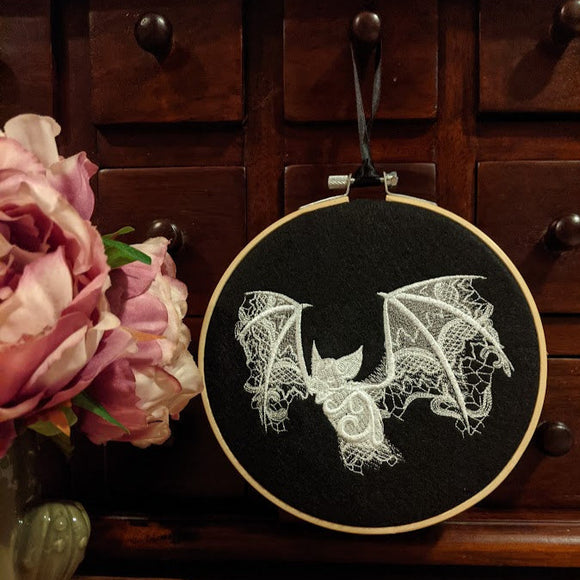 Lace Bat Embroidered Hoop Wall Art