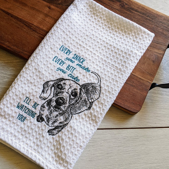 Watching You Dachshund Embroidered Tea Towel