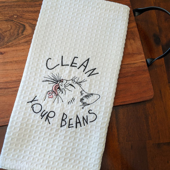 Clean Your Beans Embroidered Tea Towel